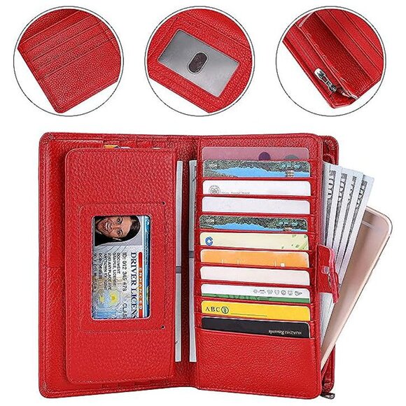 WOMENS Wallet, Large Capacity Genuine Leather Burgundy-Red - Picture 5 of 7